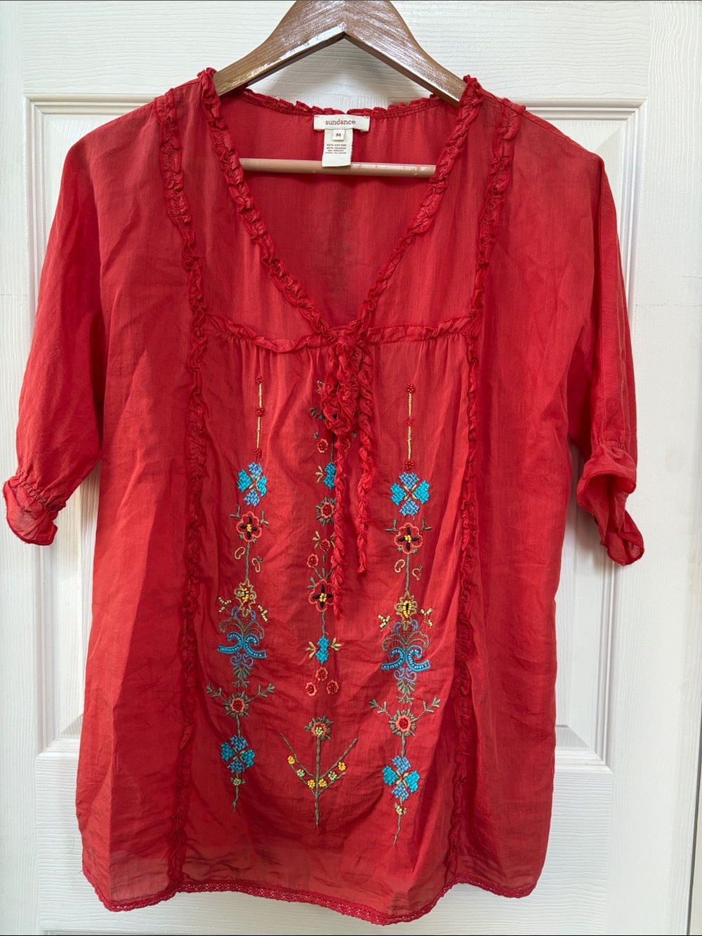 Sundance Beaded and Embroidered Blouse Red Coral Size M